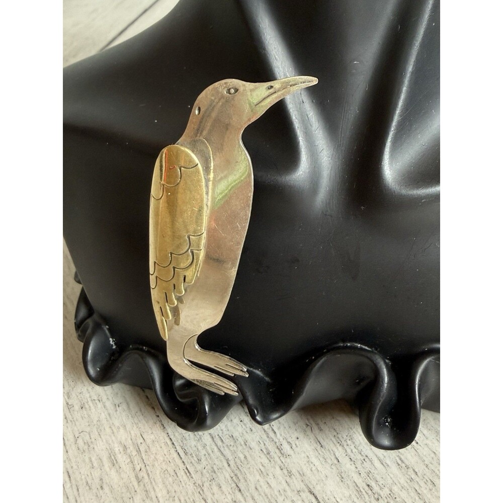 Vintage 925 Sterling Silver & Brass Two Tone Penguin Brooch Pin Modernist Art